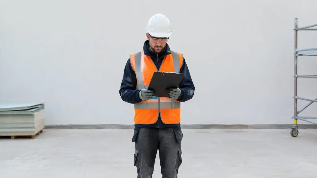 Asbestos awareness pe șantier: muncitor cu cască și vestă reflectorizantă citind instrucțiunile de siguranță