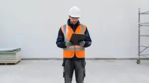 Asbestos awareness pe șantier: muncitor cu cască și vestă reflectorizantă citind instrucțiunile de siguranță