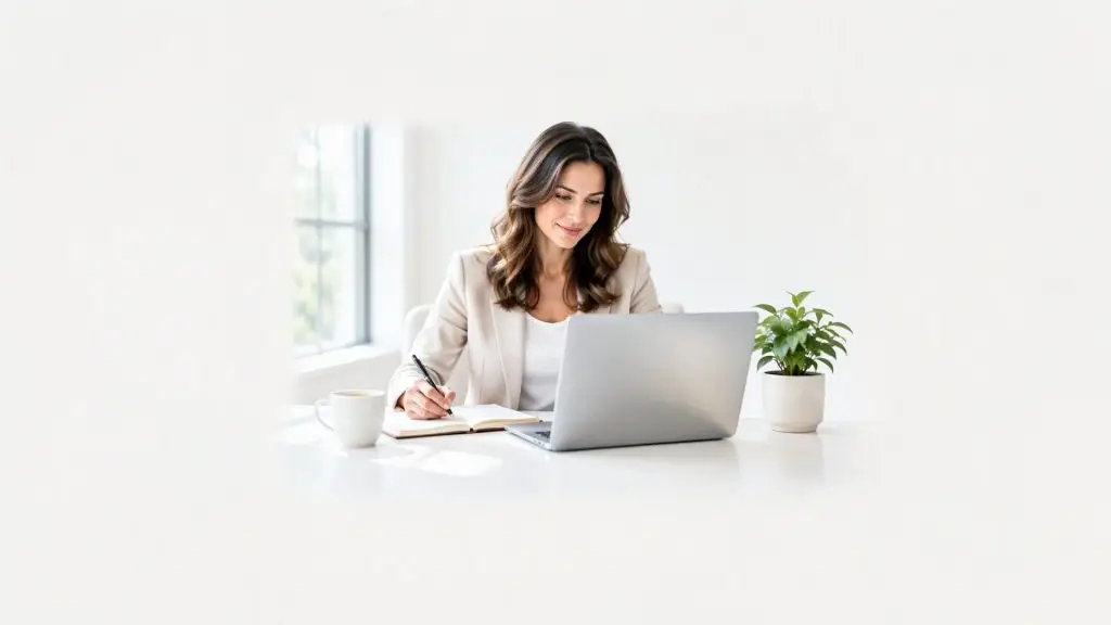 Competențe de business – profesionistă lucrând la laptop și luând notițe
