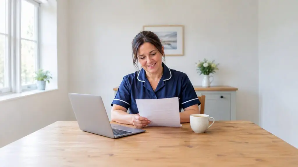 CV în format UK pentru îngrijire: îngrijitoare care își verifică CV-ul la masă, lângă laptop