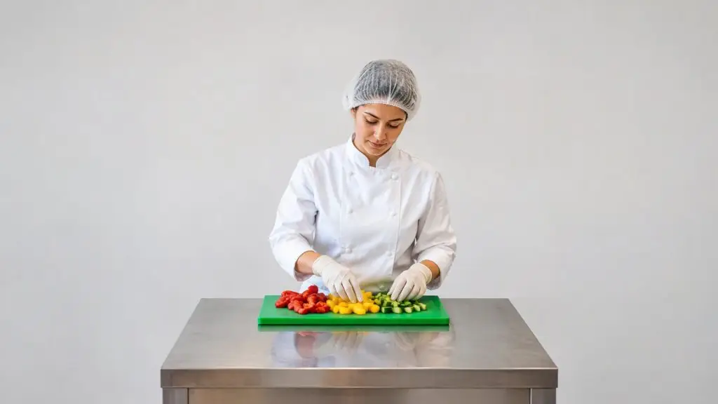 Igiena alimentară Level 2: lucrător cu mănuși și bonetă pregătește legume pe un tocător verde într-o bucătărie
