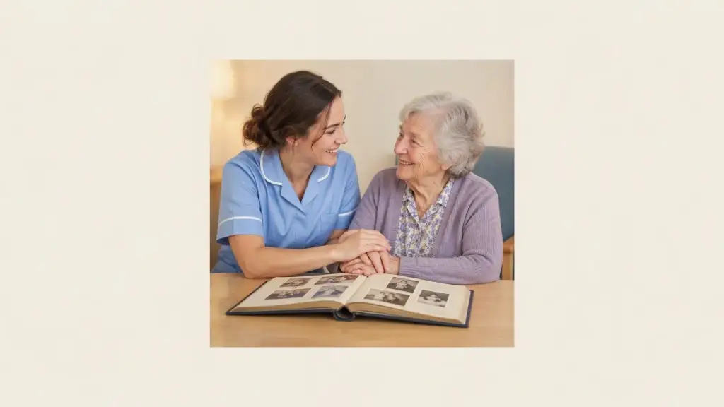 Îngrijirea persoanelor cu demență – îngrijitoare ținând de mână o doamnă vârstnică lângă un album de familie
