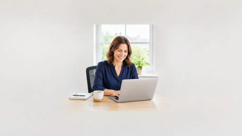 Prompturi ChatGPT la job – profesionistă care lucrează eficient la laptop într-un birou luminos