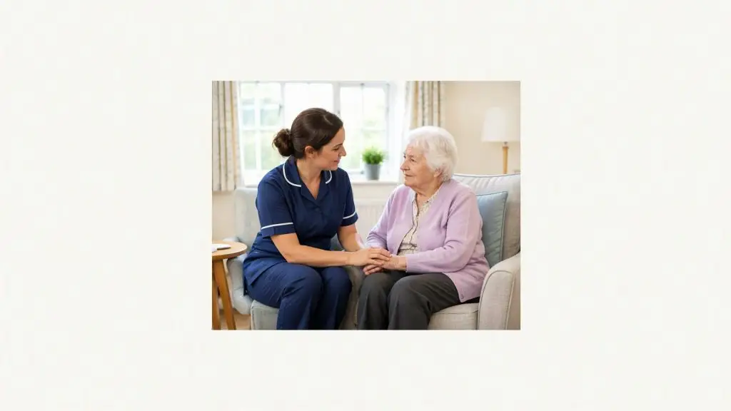 Safeguarding adulți: îngrijitoare care ascultă cu atenție o femeie vârstnică într-un cămin din UK