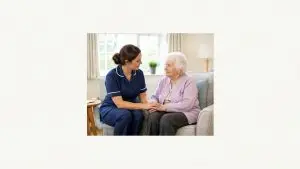 Safeguarding adulți: îngrijitoare care ascultă cu atenție o femeie vârstnică într-un cămin din UK