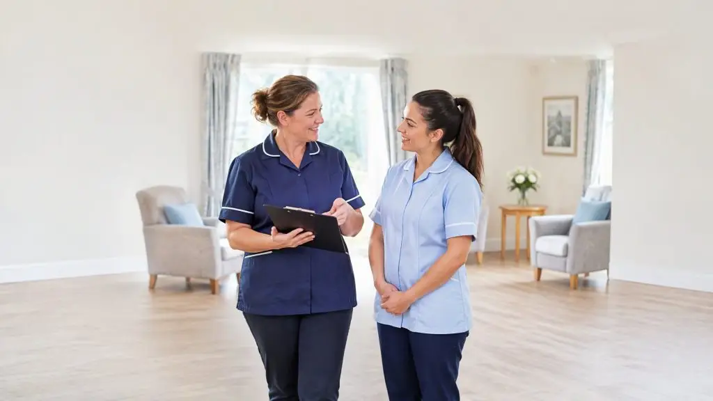 Senior carer în UK coordonând predarea turei cu o îngrijitoare mai nouă într-un cămin