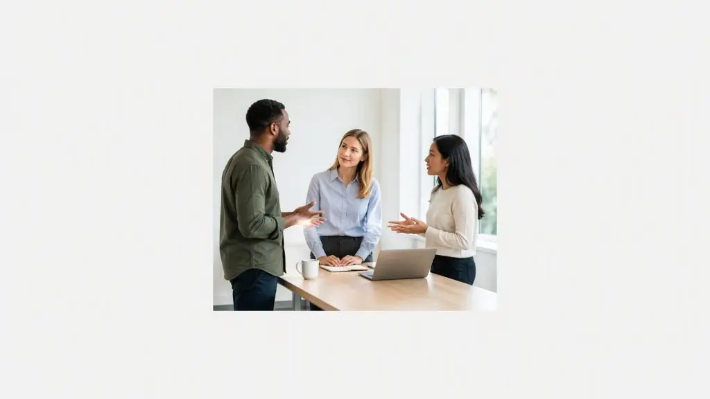 Stilurile DISC la locul de muncă: echipă care discută la birou și comunică eficient