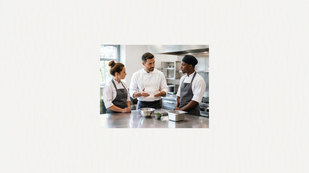 Training personal restaurant UK: un supervizor instruiește doi angajați în bucătăria unui restaurant